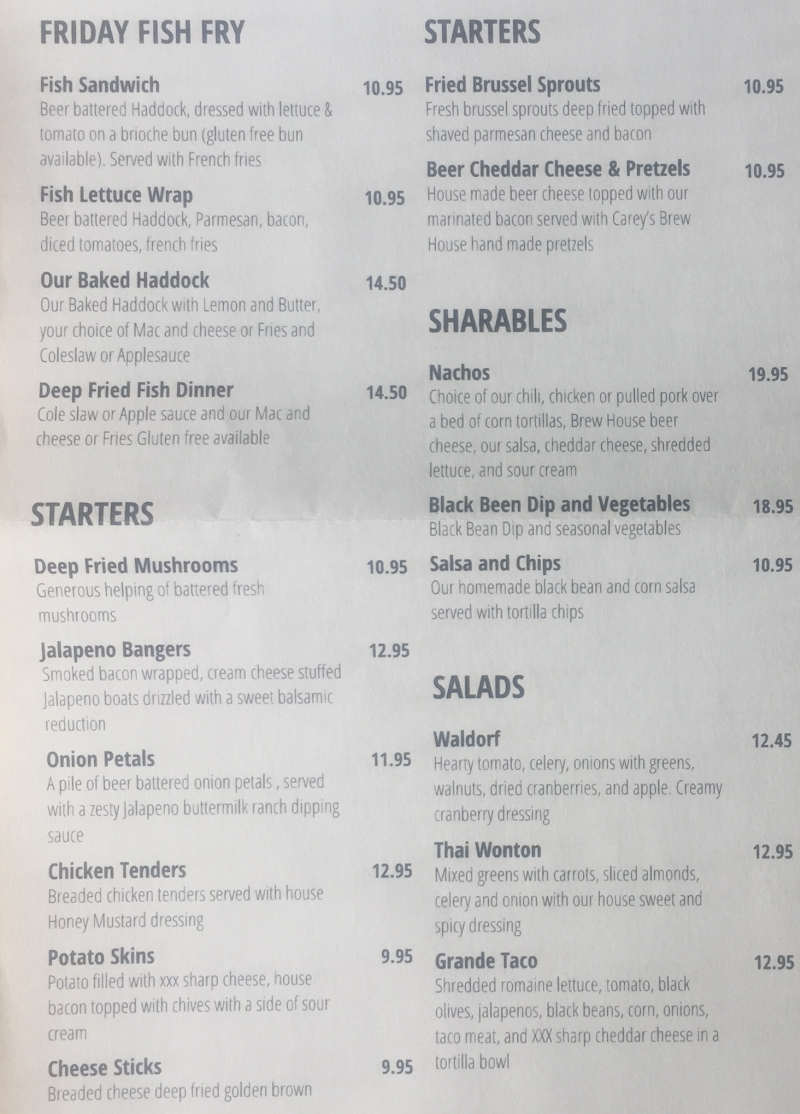 Carey's Brew House menu page 1